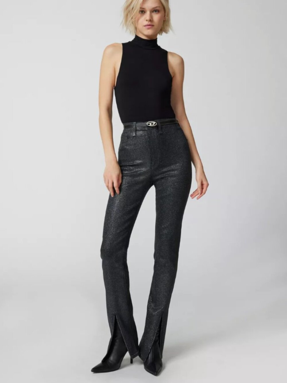 Pistola Colleen High-Waist Black Denim sparkly stretchy split front hem